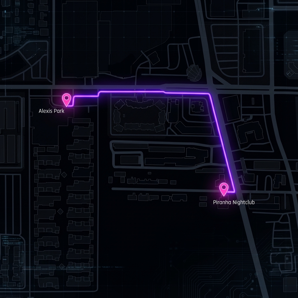 Walking route to Piranha Nightclub